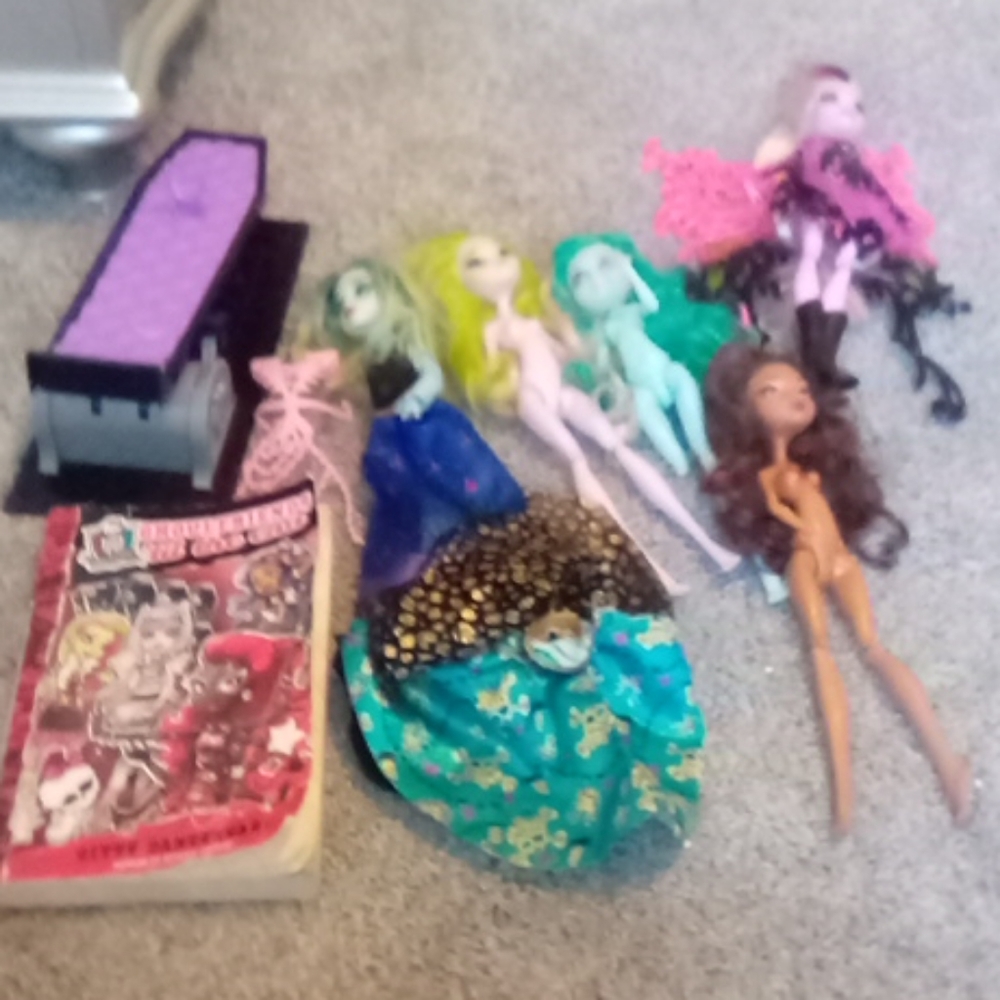 Monster high dolls and accessories plus a book